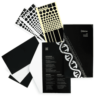 Zestaw naklejek blokujących światło LED Biohac LEDim, w zestawie białe i czarne naklejki w różnych kształtach i rozmiarach oraz opakowanie