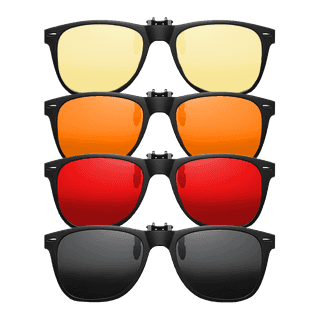 Nakładki Biohac Universal V2 – zestaw czterech wariantów: żółte DayGuard do pracy w dzień, pomarańczowe CoralGuard na wieczór, czerwone RedGuard na noc oraz czarne SunGuard Polarised na słońce