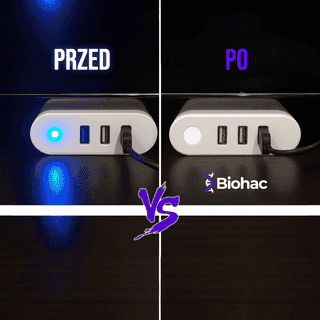 Naklejki blokujące światło - LEDim - 6 szt. powerbank z niebieską diodą – przed i po zastosowaniu naklejki LEDim